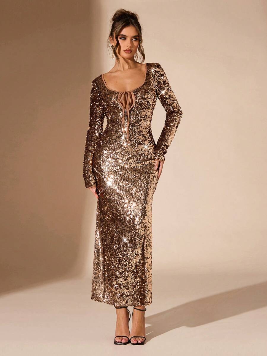 SHEIN BAE Váy dài tay hở lưng lấp lánh thanh lịch, váy dự tiệc cocktail buổi tối gợi cảm và quyến rũ, thích hợp cho buổi tối đi chơi, câu lạc bộ, lễ hội - Rượu sâm banh - Xem 1