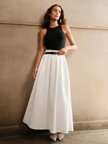 Anewsta Women White High Waist Pleated A-Line Skirt With Belt