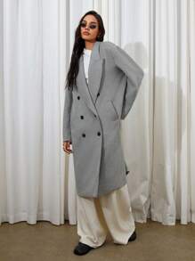 COSMINA 女士秋季简约翻领双排扣宽松外套 - 灰色 - 查看 5