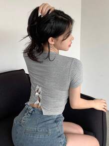 DAZY Women's Hollow Design Color Block Bow Decor Short Sleeve Pullover Top - Grey - View 1