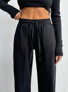 RueChic High Waist Elastic Belt Straight Cut - Black - View 2