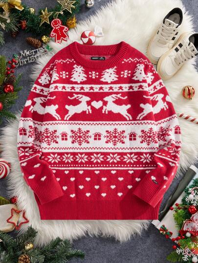 Manfinity VCAY Men's Holiday Matching Family Knit Casual Loose Fit Pullover Sweater, Red Long Sleeve, Warm Thick For Autumn/Winter, Christmas Outfit