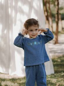 SHEIN 2 件套女婴牛仔刺绣上衣和阔腿裤套装 - 藍色 - 查看 7