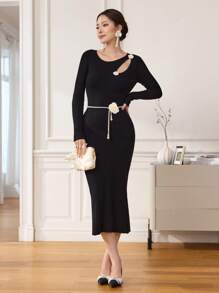 Modelyn Vestido tipo suéter con textura de patrón de flor calado para mujeres - Negro - Ver 4