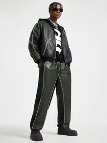 Manfinity RebelGame Men's PU Leather Panel Loose Woven Long Sleeve Jacket Set