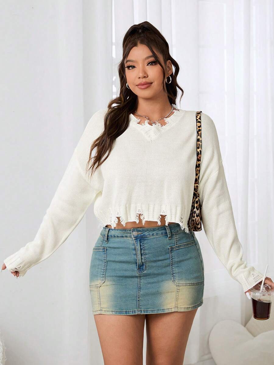 SHEIN EZwear 女式加大码纯色做旧落肩长袖休闲套头毛衣,白色 - 白色 - 查看 1