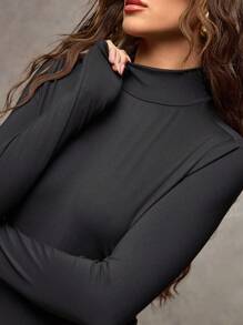 SHEIN BAE 女士长袖性感镂空紧身衣 - 黑色 - 查看 4