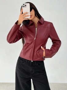 SHEIN PETITE Women Solid Minimal Collared Long Sleeve Zip Up Red PU Leather Jacket - Burgundy - View 7