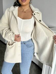 SHEIN Frenchy Women Plus Size Solid Color Stand Collar Button Splicing Plush Casual Jacket, Autumn/Winter Fall/Winter - Apricot - View 2