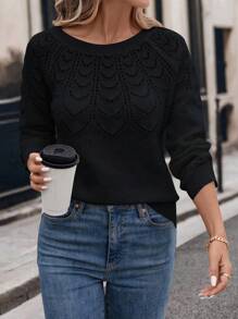 Chiquease 女士纯色圆领长袖休闲上衣，简约风格，日常穿着 - 黑色 - 查看 1