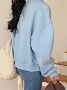 DAZY Women Graphic Embroidered Half-Zip Relaxed Fit Fleece Sweatshirt - Blue - View 6