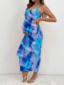SHEIN Vestido materno ajustado de manga larga con efecto tie-dye, para fiesta de baby shower