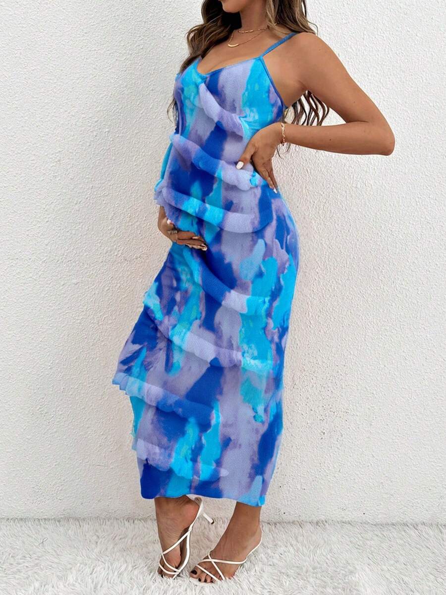 SHEIN Maternity Tie-Dye Long Fitted Dress, For Baby Shower Party - Blue - View 1
