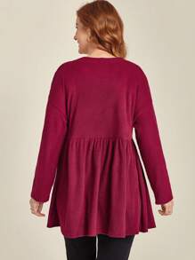 EMERY ROSE Plus Size Casual Solid Color Ruched Long Sleeve T-Shirt, Autumn - Burgundy - View 2