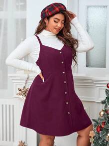 Calvaya 大码女式纯色单排扣休闲吊带连衣裙 - 紫色 - 查看 5