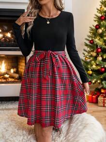 EMERY ROSE Damen Kleid mit Karomuster, Taillengürtel, Rundhalskragen, Langarm, knielang