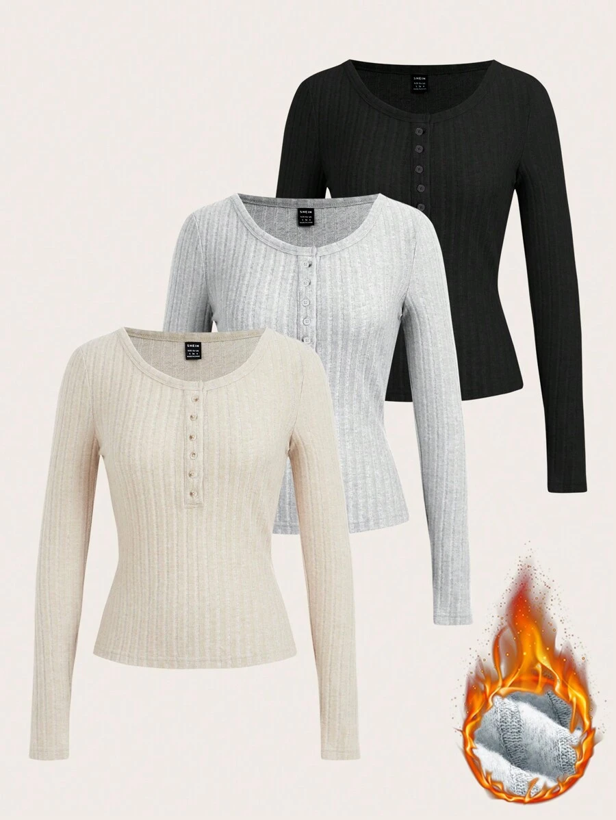 SHEIN EZwear 3 件女式纯色罗纹亨利领长袖休闲 T 恤，秋冬