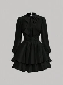 SHEIN DRMZ Tween Girl 女童修身休闲简约舒适立领腰部蝴蝶结装饰长袖连衣裙 - 黑色 - 查看 2