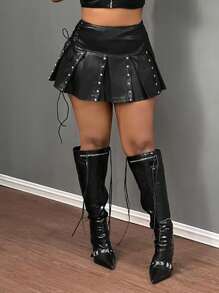 Slaydiva New Casual Street Sexy And Cute High Waist Side Eyelet Straps Decorated With Rivets Decorated Pleated Skirt White PU Women's Skirt-EE - Black - View 5