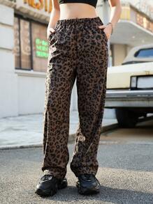 SHEIN Pantalones rectos con estampado de leopardo de moda informal para adolescentes/adolescentes niñas, para el otoño