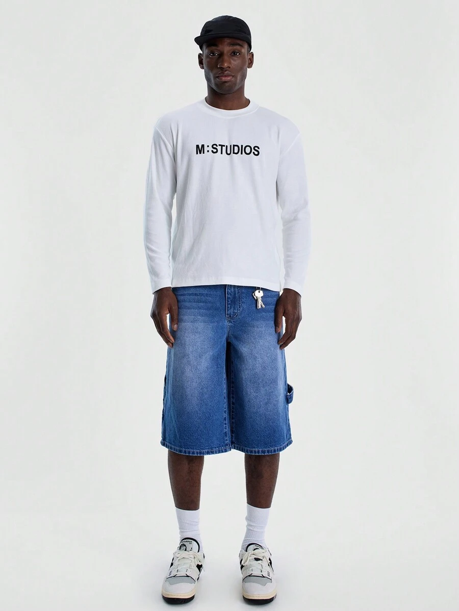 Musero Long Sleeve Crew Neck Slim Fitted "M STUDIOS" Graphic Print Tshirt SPRING SUMMER Essentials Layering - White - View 1