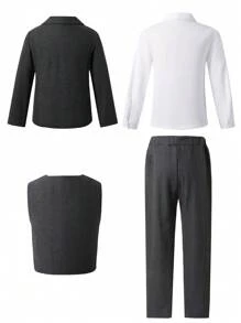SHEIN 4pcs/Set Tween Boy Gentleman's Outfit Including Blazer Jacket, Vest, Long Sleeve Shirt, And Trousers, Elegant & Formal Wear For Birthday Party, Wedding, Christmas, Halloween, Graduation