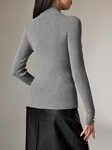 Modelyn Casual Solid Color Hollow Out Stand Collar Slim Fit Sweater, Autumn/Winter - Grey - View 4