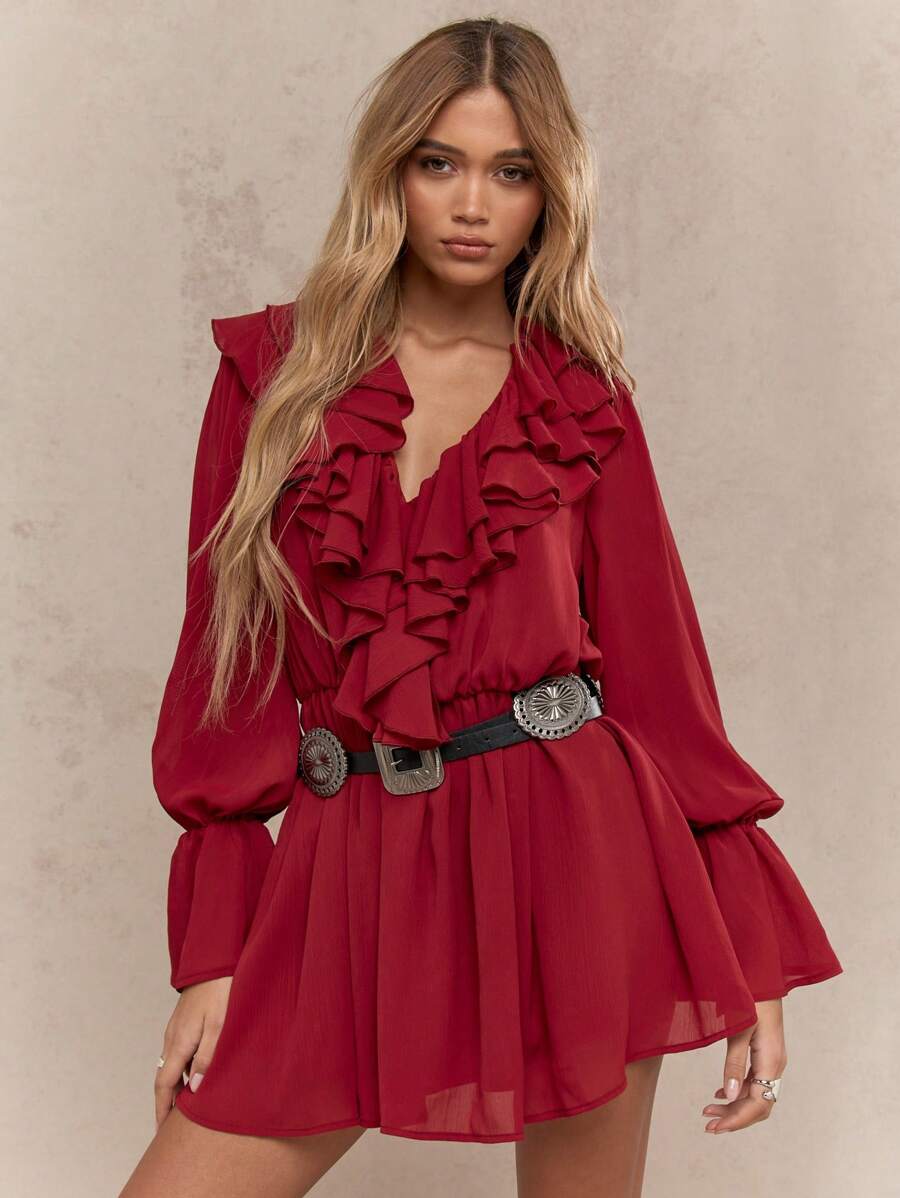 MISSGUIDED Boho Ruffle V-Neck Balloon Sleeve Flared Hem Solid Color Mini  Dress Without Belt ChristmasMISSGUIDED