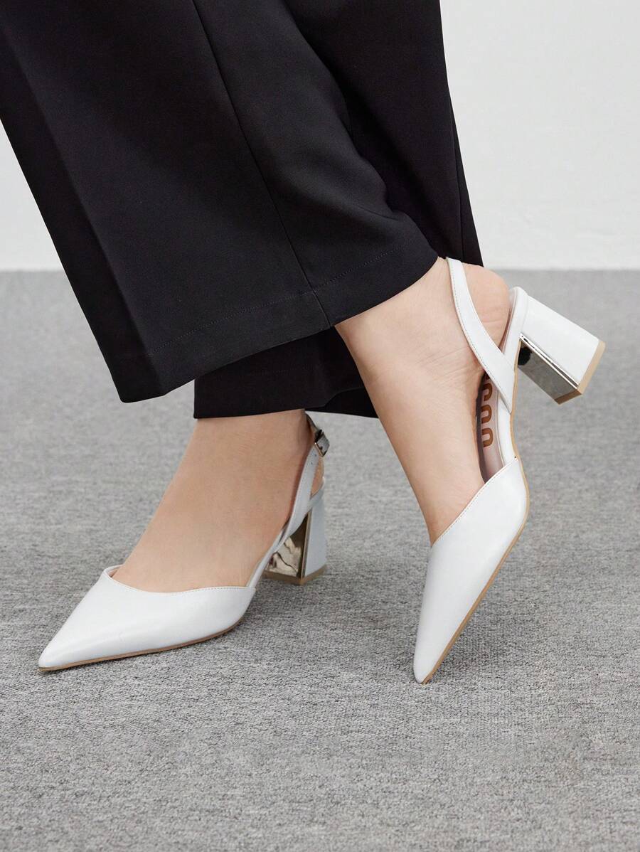 CUCCOO BIZCHIC Apricot Color Mirror Surface Women's Chunky Heel Pumps - White - View 1