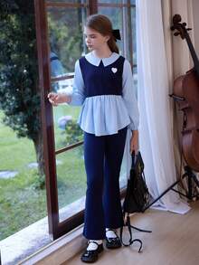 SHEIN Bộ 2 áo sơ mi dài vừa in hình trái tim 2 trong 1 và quần ống loe, trang phục trang trọng dễ thương cho bé gái tuổi mới lớn, mùa thu/đông - Nhiều màu - Xem 5