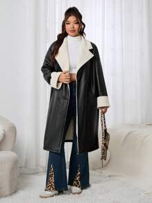 SHEIN EZwear Plus Size Casual Thermal Lined Shirt Collar Jacket, For Autumn/Winter