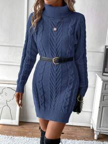 SHEIN LUNE Vestido de suéter de manga larga de punto con torsión de cuello alto de unicolor, de uso versátil