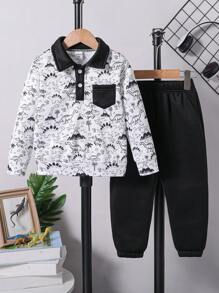 2 件装年轻男孩休闲可爱恐龙印花保暖内衬长袖 Polo 衫和运动裤套装，适合秋冬季 - 黑與白 - 查看 1