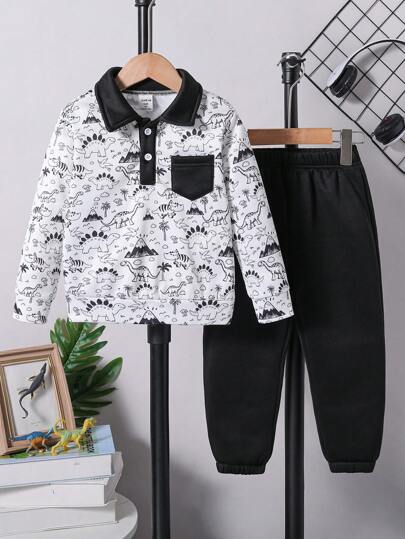 2 件装年轻男孩休闲可爱恐龙印花保暖内衬长袖 Polo 衫和运动裤套装，适合秋冬季