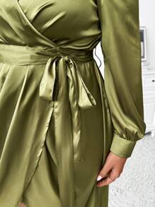 SHEIN Clasi 1 件长袖优雅缎面裹身系带连衣裙 - 橄欖綠 - 查看 8