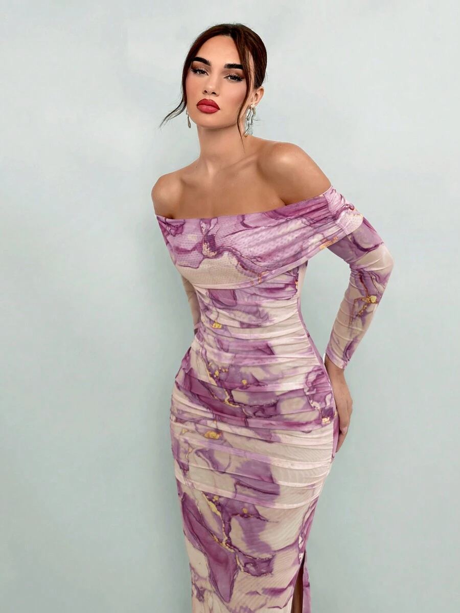 Aloruh Women's Off Shoulder Marble Print Bodycon Long Dress, Sexy & Stylish, Lavender Dress