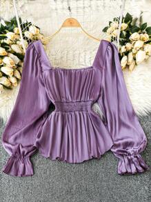 DreamSkyne Blusas de mujer talla grande de unicolor con cuello en forma de corazón, manga farol y cintura con volantes. Blusas con volantes para primavera/otoño