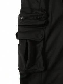 Manfinity Homme 男士纯色前系带多功能口袋休闲工装慢跑运动裤，外出纯色长款街头穿着抽绳纯黑色慢跑运动裤，适合丈夫、男朋友的礼物 - 黑色 - 查看 4