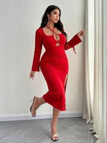SHEIN Unity Đầm Maxi Nữ Màu Trơn Chéo Khoét Hở Bên Hông Ôm Sát Gợi Cảm Cho Mùa Thu Năm Mới Trang Phục Maxi Nữ - Đỏ - Xem 6