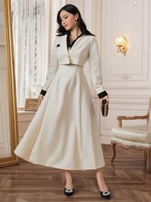 Modelyn 2pcs Elegant Contrast Color Splicing Sleeveless Long Dress & Jacket Set For Women, Autumn 2 Pieces Set Fall Cloth For Women - Black and White - View 3