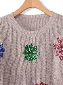 SHEIN LUNE Women's Plus Solid Color Knit Sequin Snowflake Embroidered Long Sleeve Loose Pullover Sweater For Commuting, Autumn/Winter Knit Pullover Fall - Khaki - View 6