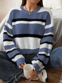 Flirla Áo chui đầu dệt kim sọc dài tay cổ tròn cỡ lớn, mặc thường ngày, mặc vào mùa đông - Màu xanh lam - Xem 3