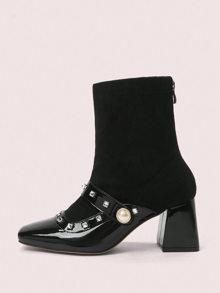 CUCCOO DOLLMOD Women's Fashionable & Comfortable Black Buckle Rhinestone Decor Square Toe Chunky Heel Casual Versatile Ankle Boots With Back Zipper New Year Holiday