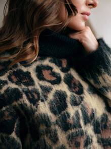 Anewsta Retro Leopard Print Turtleneck Sweater, European And American Style - Brown - View 2
