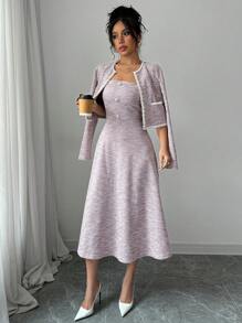 Elenzga 女士优雅珍珠装饰短款夹克和紧身连衣裙两件套