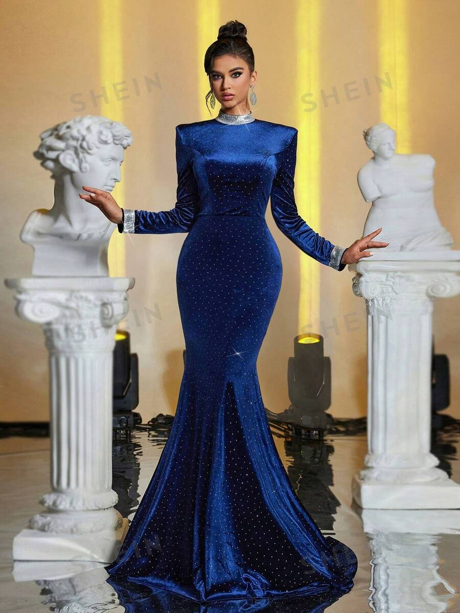 Glamrae Elegante vestido de noche de cola de pez con espalda abierta, de cuello alto con diamantes de imitación y perlas incrustados, de manga larga, de terciopelo de lujo, para invitados de boda, graduación, cena