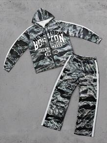 Manfinity EMRG Men Color-Block Letter Print Long Sleeve Hoodie And Sweatpants Set, Casual