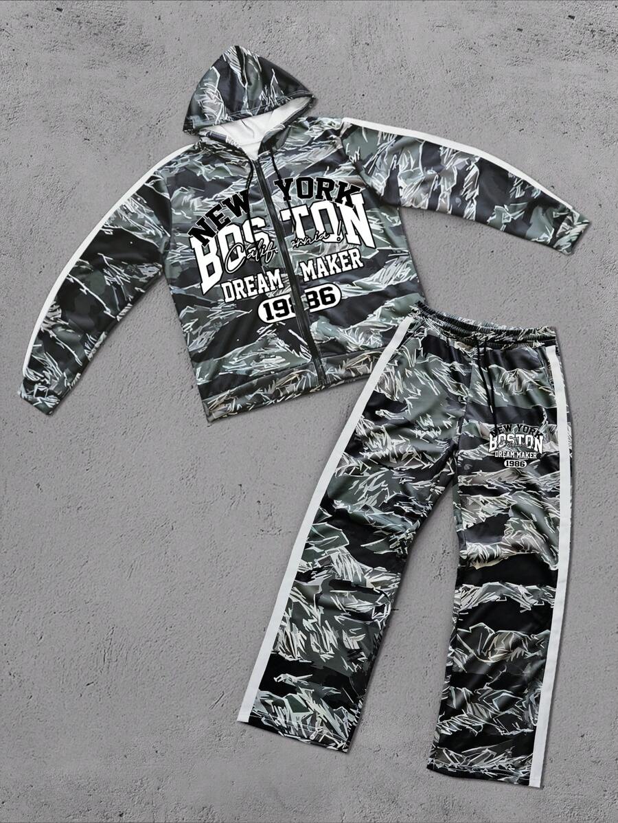 Manfinity EMRG Men Color-Block Letter Print Long Sleeve Hoodie And Sweatpants Set, Casual