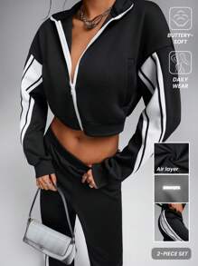 Innovista Loose Fit Air Layer Knitted Zip-Up Zip Up Colorblock Sets, 2pcs, Cropped Jacket, Splicing Design Sports Jogger, Sweatpants, Casual & Daily Tracksuit, Jersey, Winter Women Clothes, Fall Winter Women Outfit,Tracksuit