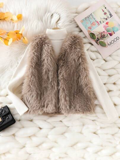 年轻女孩时尚舒适蓬松背心无袖外套，冬季新款韩版儿童毛绒开衫外套，适合聚会、宴会和郊游
